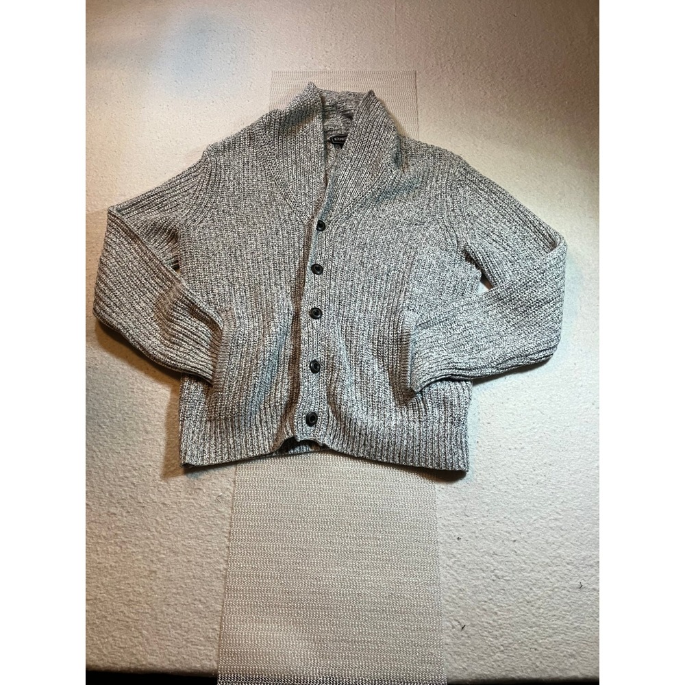 Express Heavy Button Up Cardigan Mens L Grey Shawl Collar Ribbed Sweater